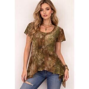 Y2K Forest Fairy‎ Gold Bling Brown Handkerchief Hem Flutter Sleeve PXL Blouse